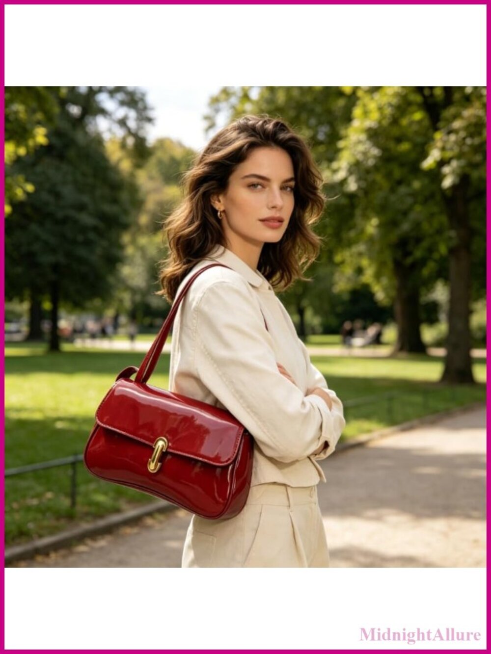 Pat Leather Underarm Shoulder Bag Retro Clutch Purse Gold Buckle Handbag